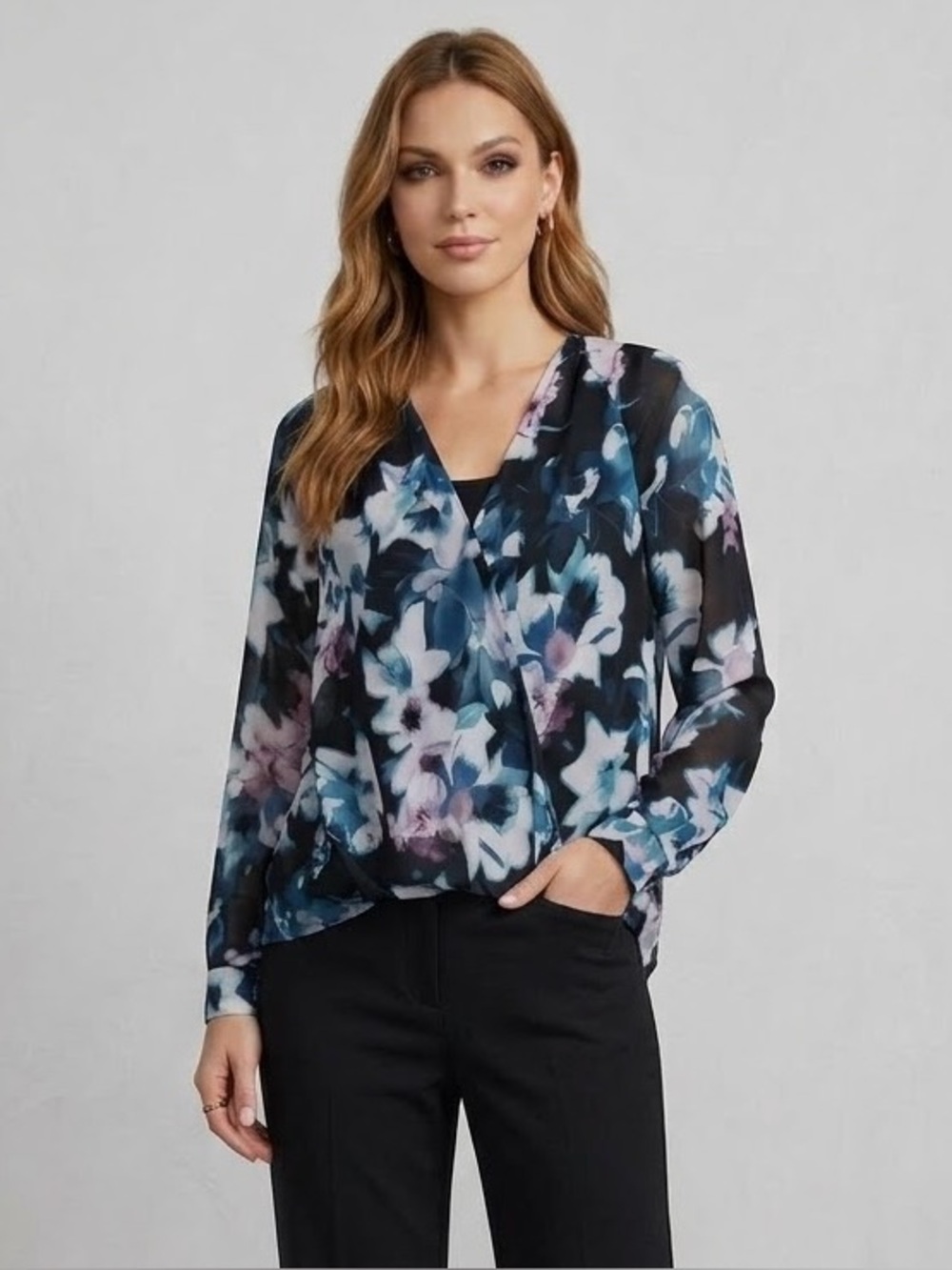 JLO Jennifer Lopez Floral Print Chiffon Faux-Wrap Sheer Long Sleeve Blouse